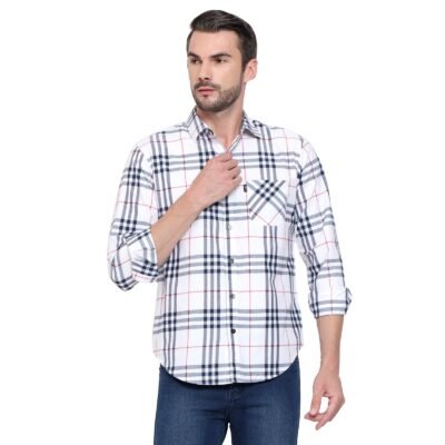 Classic Cotton White Checkered Shirt for Men