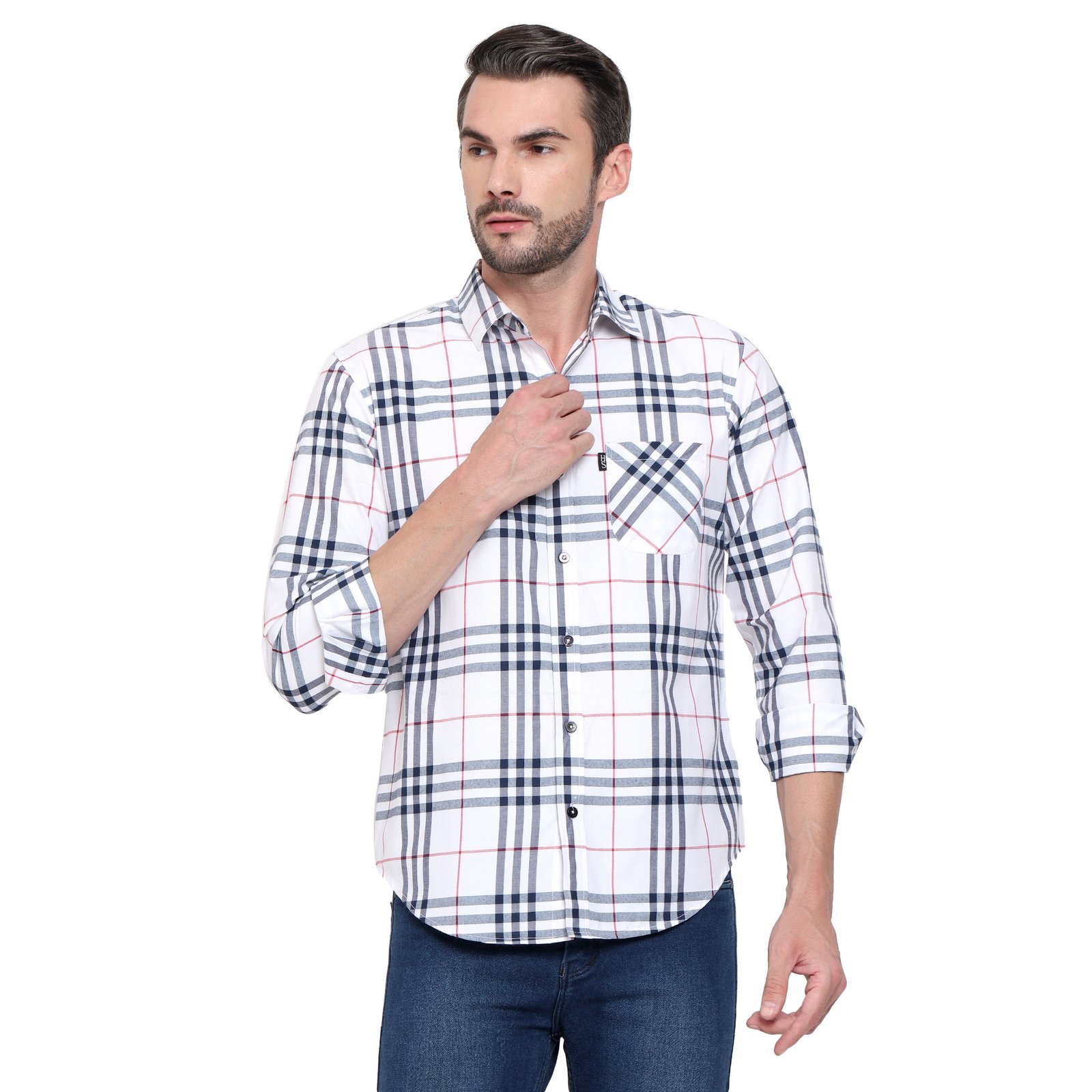 Classic Cotton White Checkered Shirt for Men