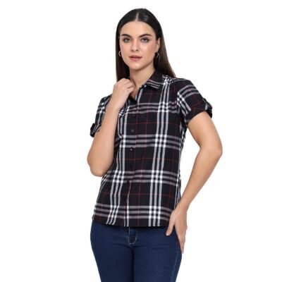 Black Pure Cotton Checkered Casual Shirt for Women