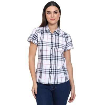 White Pure Cotton Checkered Casual Shirt for Women