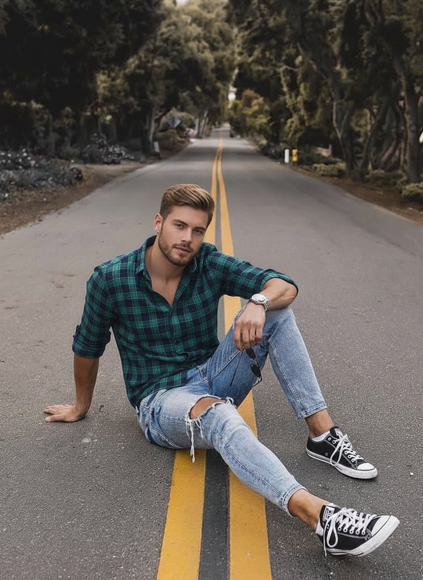 Man Wearing Bottle Green Checkered Shirt