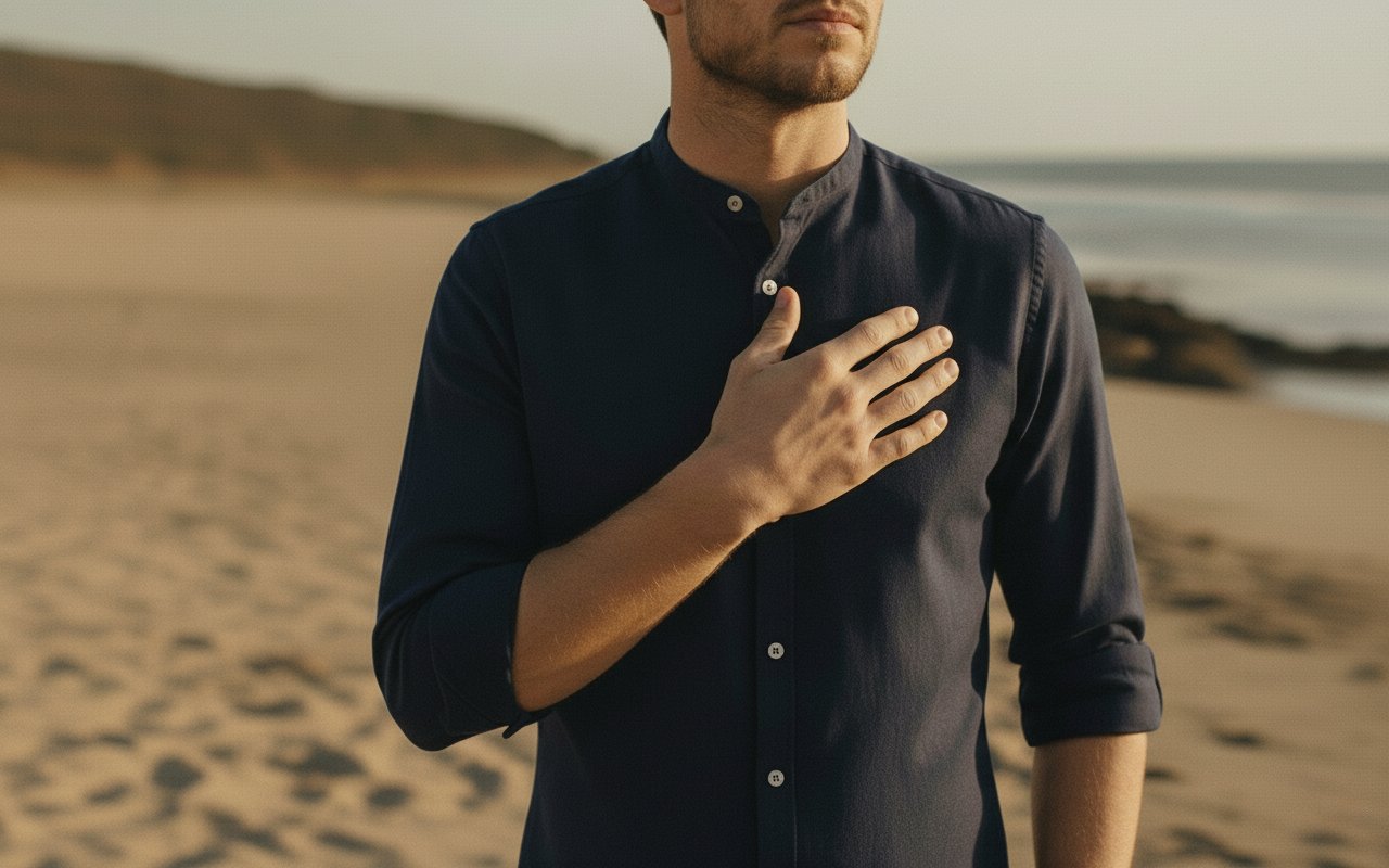 Man wearing Black Mandarin Collar Shirt